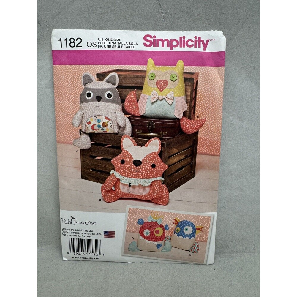 Simplicity Pattern 1182 Ruby Jeans Closet Stuffed Animals Monsters Owl Raccoon